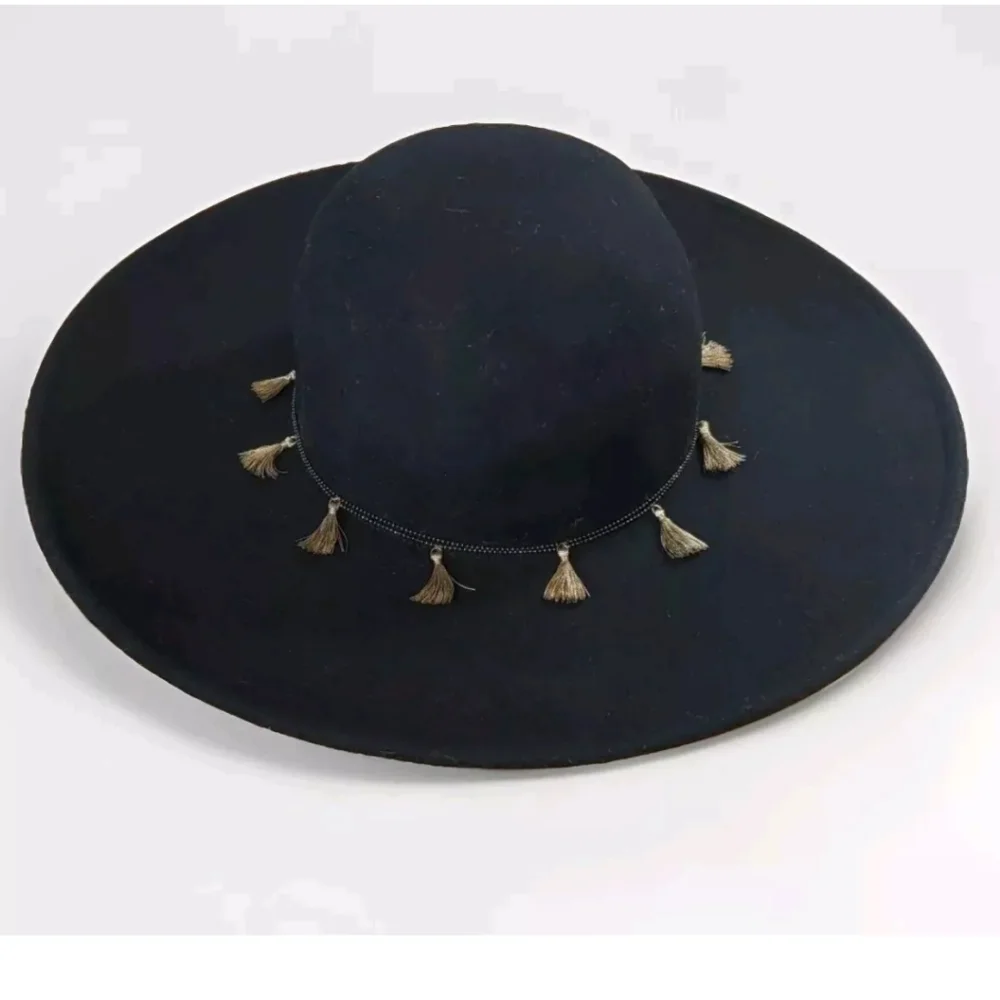 Vince Camuto Floppy Wool Hat Black Tasseled Chain Country Boho Coastal One Size